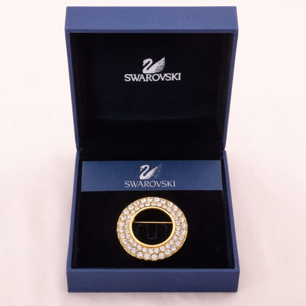 Swarovski Swan Mark Brooch Pin Gold Tone Circle Round Clear Rhinestone Crystals